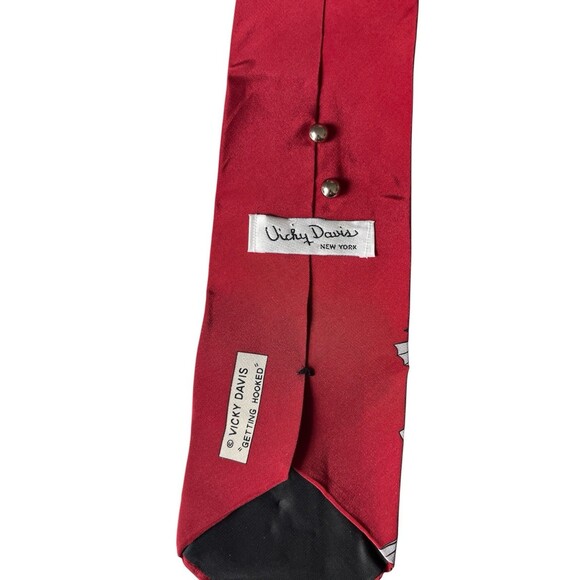 Vicky Davis Tie Fishing with Metal Worm Getting Hooked Necktie Red Silk Novelty - Picture 3 of 3